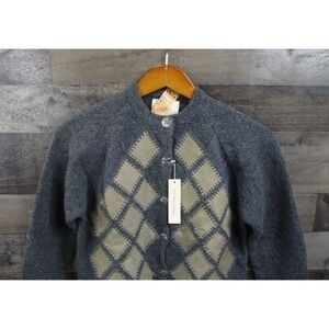 Tami Sweater Women S Gray Argyle Cardigan Vintage 60s Wool Suede Patch Preppy